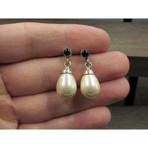 Sterling Silver Large Cream Color Faux Pearl Earrings Vintage Wedding Engagement